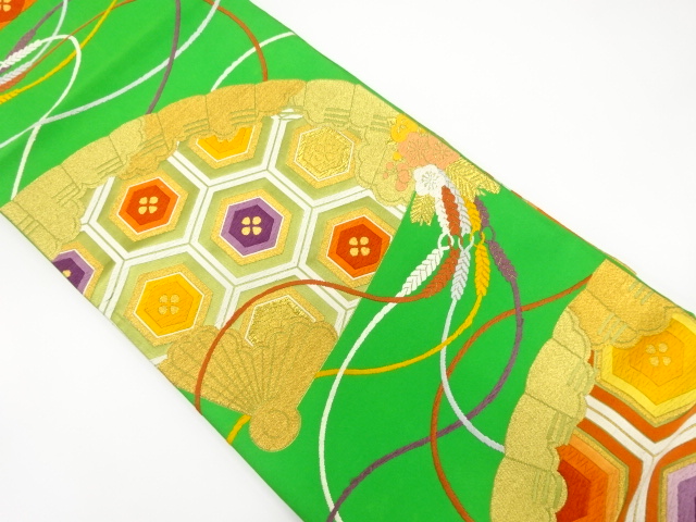 アンティーク　桧扇に亀甲模様織り出し袋帯（着用可）